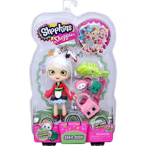 Shopkins Shoppies Sara Sushi toy figure in packaging with accessories on a white background