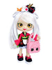 Toy doll with white hair and colorful outfit holding a pink bag on a white background